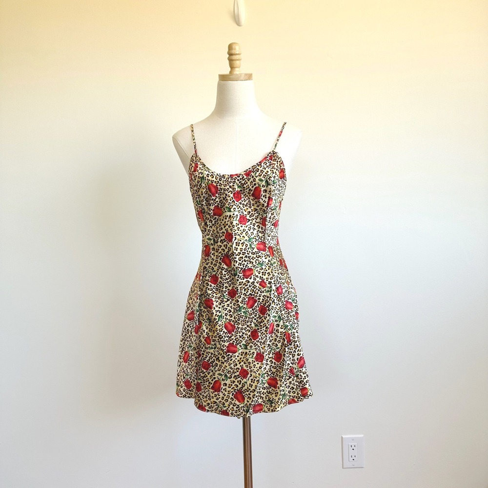 Fredericks of Hollywood Leopard‎ Rose Print Satin Slip Dress Mini Small Vintage